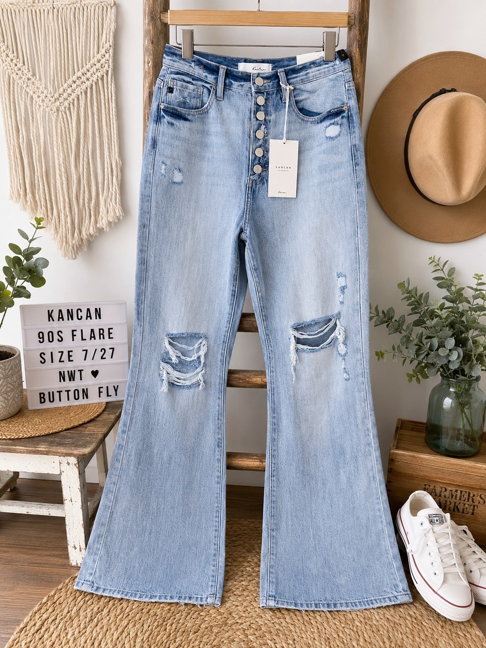 KanCan Light Blue Distressed Flare Jeans with Button Fly
